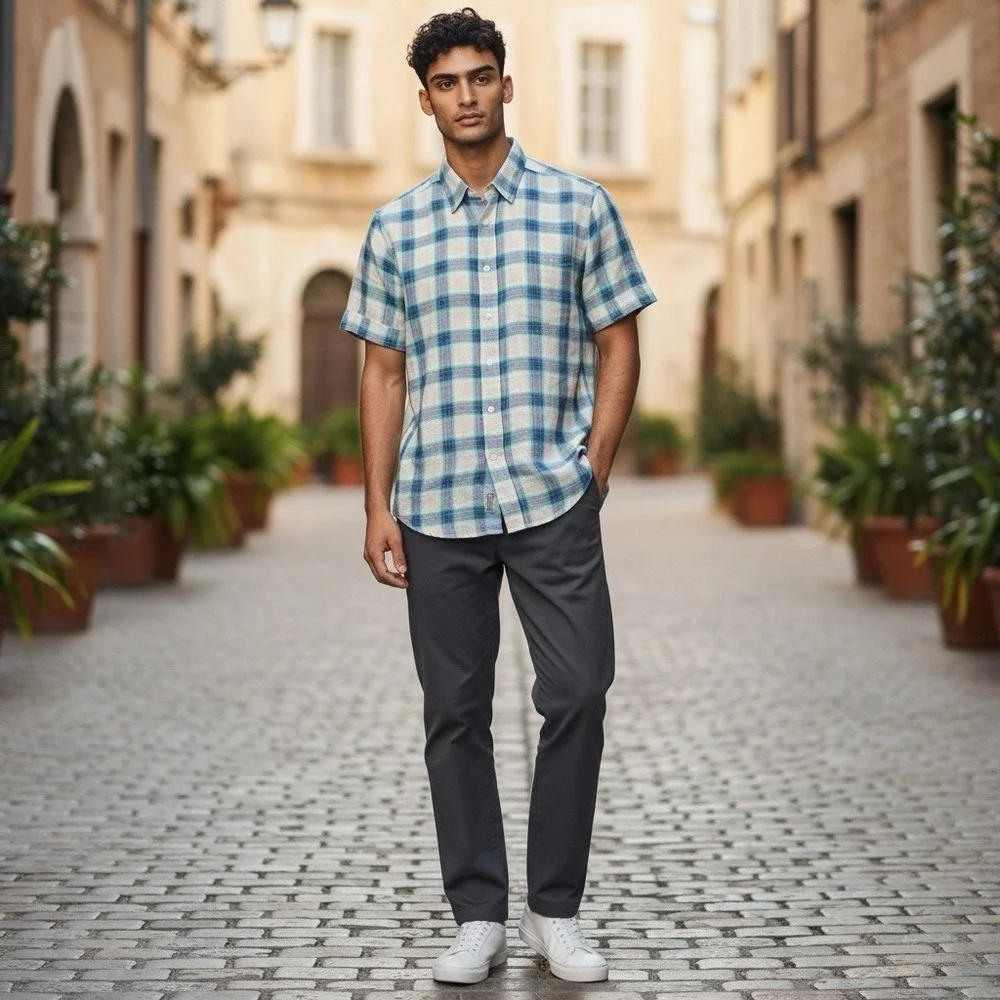 Boss Orange by Hugo Boss Mens M Shirt Blue White Plaid Print Linen Short Sleeves